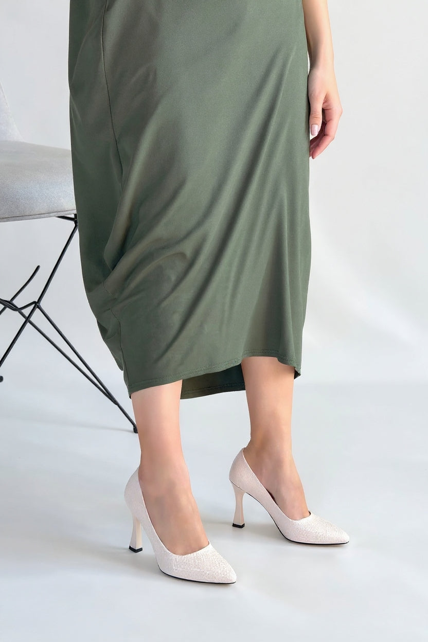 Merio Kadın Bej Baskılı Kapalı Burun Topuklu Ayakkabı