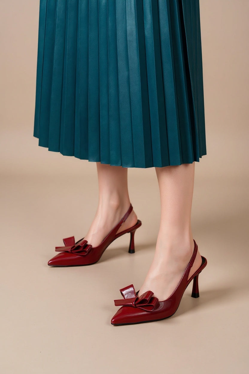 Mierun Bordo Rugan Arkası Açık Fiyonklu Topuklu Ayakkabı