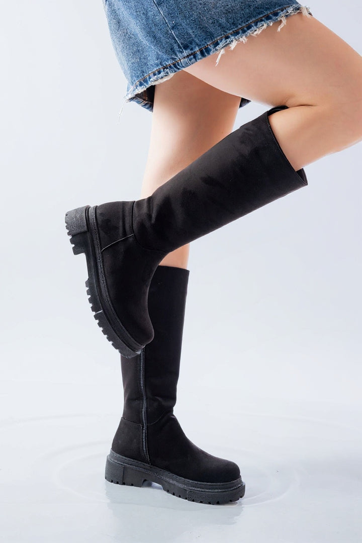 Milarn Siyah Süet Fermuarlı Kadın Çizme
