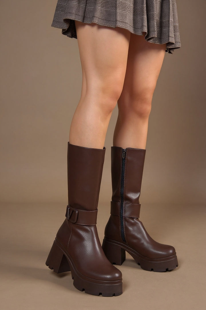 Moki Kadın Kahverengi Tokalı Topuklu Çizme