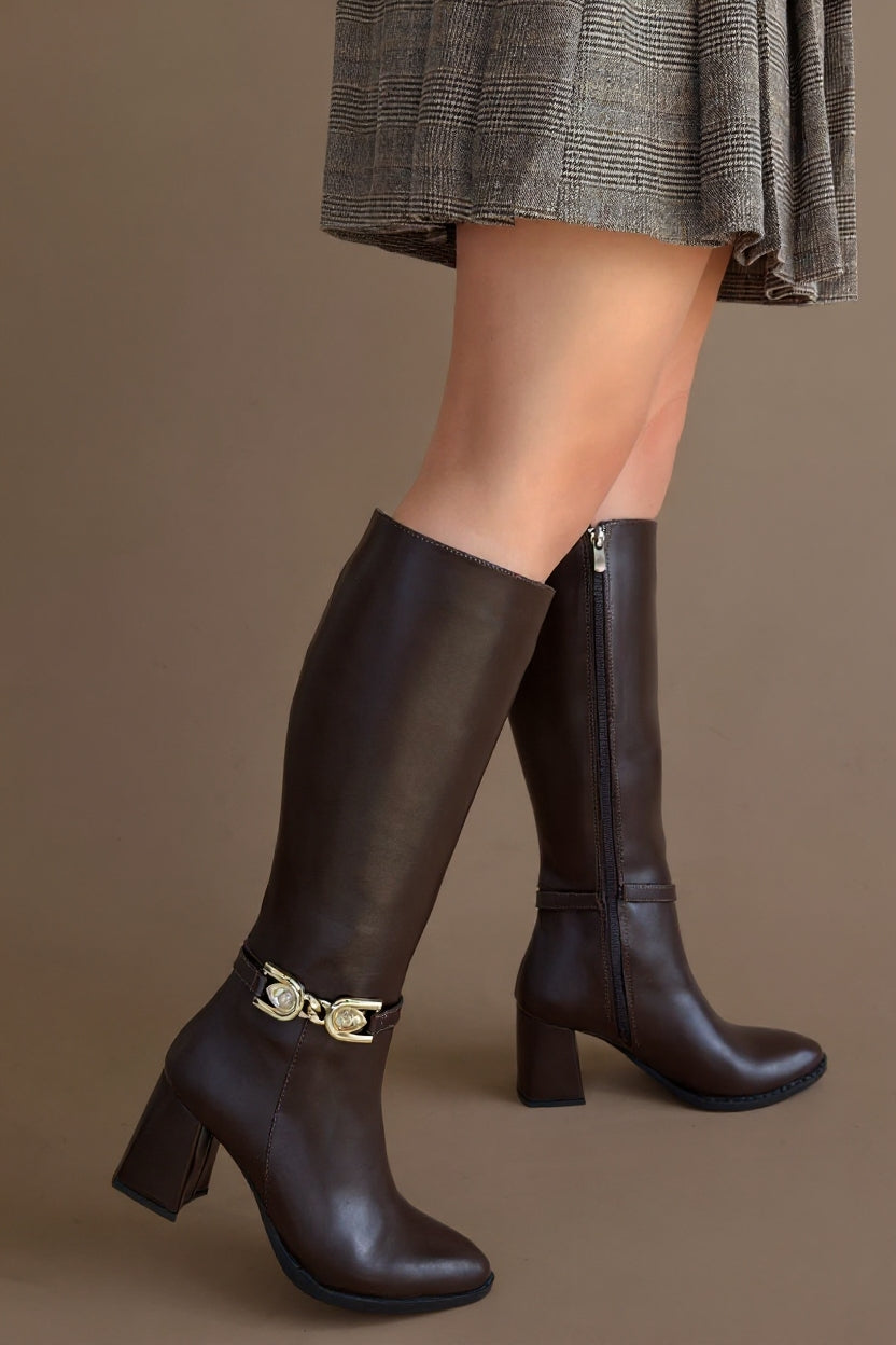 Mooni Kadın Kahverengi Tokalı Topuklu Çizme