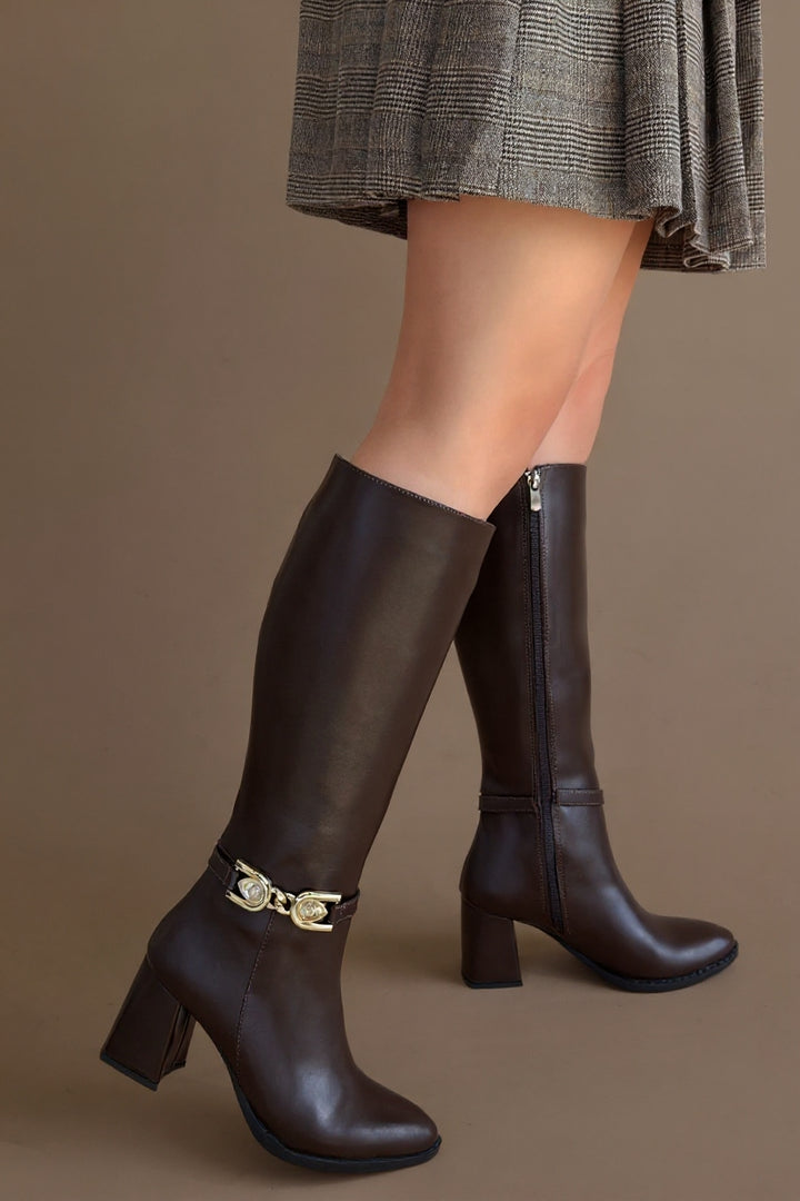 Mooni Kadın Kahverengi Tokalı Topuklu Çizme