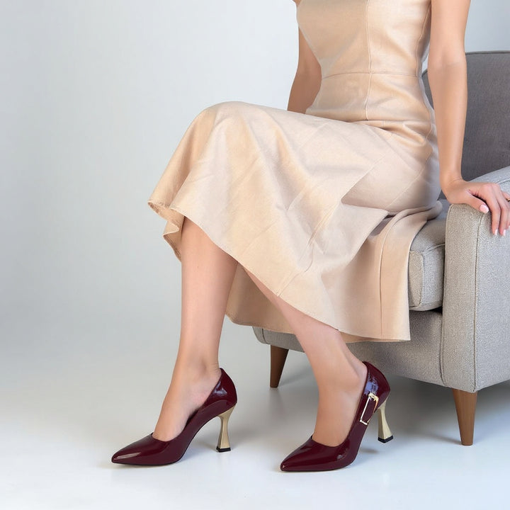 Motya Kadın Bordo Kapalı Burun Rugan Topuklu Ayakkabı