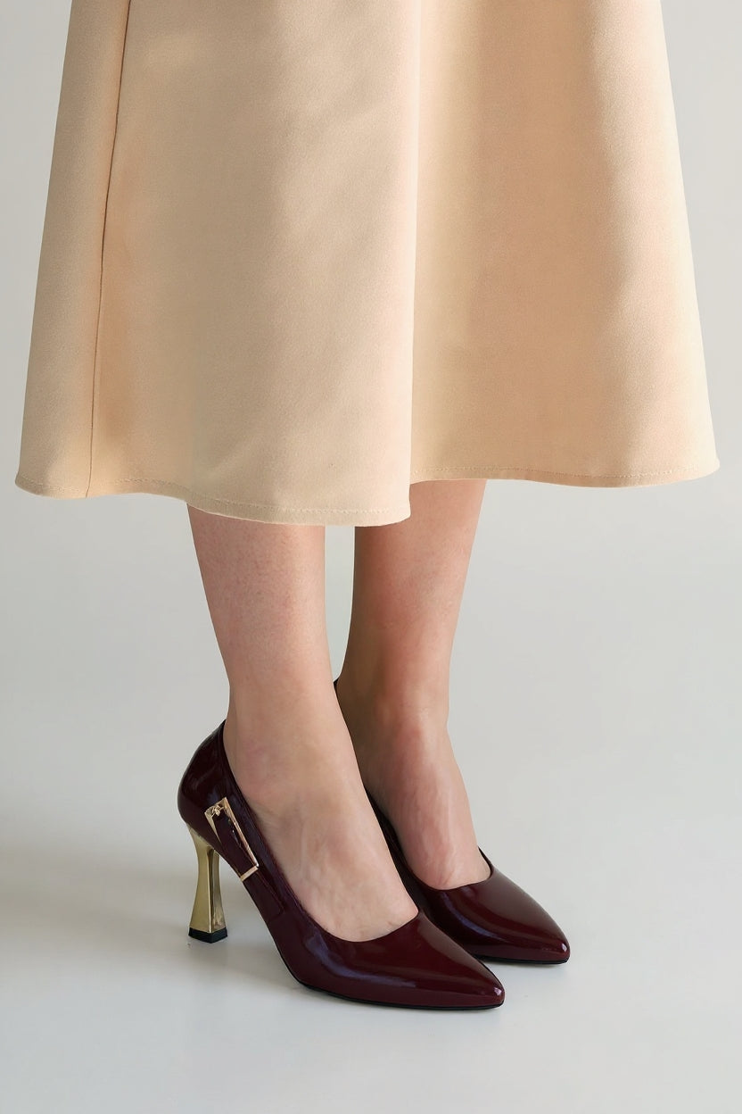 Motya Kadın Bordo Kapalı Burun Rugan Topuklu Ayakkabı