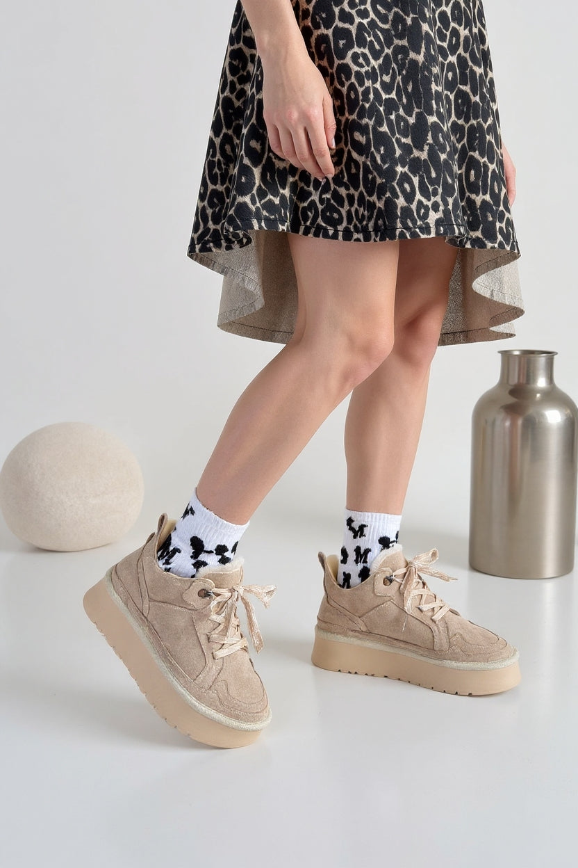 Muden Kadın Bej Süet Bağcıklı Bot