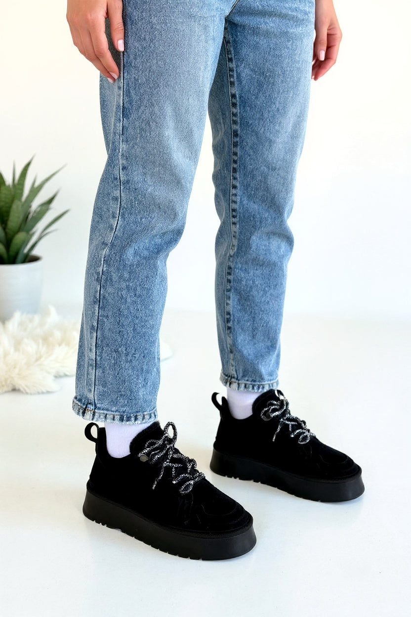 Muden Kadın Siyah Süet Bağcıklı Bot