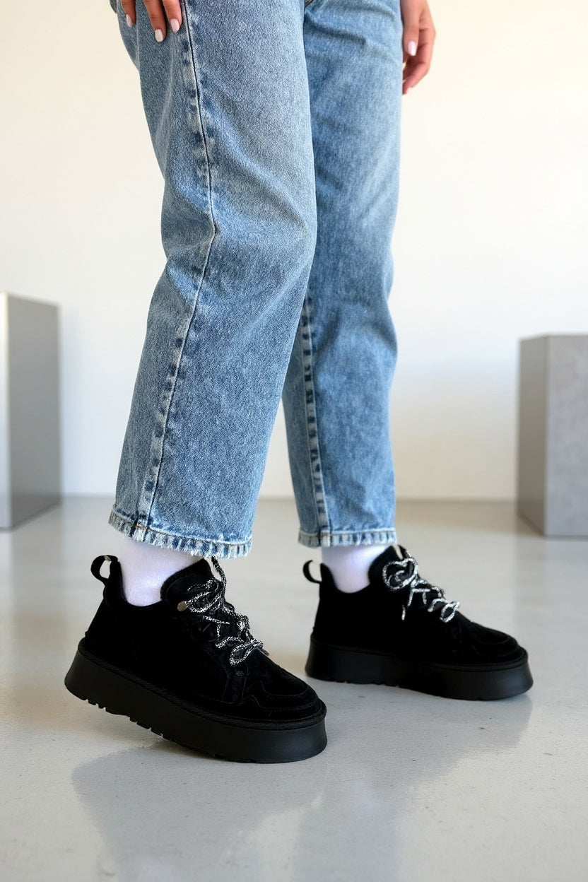 Muden Kadın Siyah Süet Bağcıklı Bot