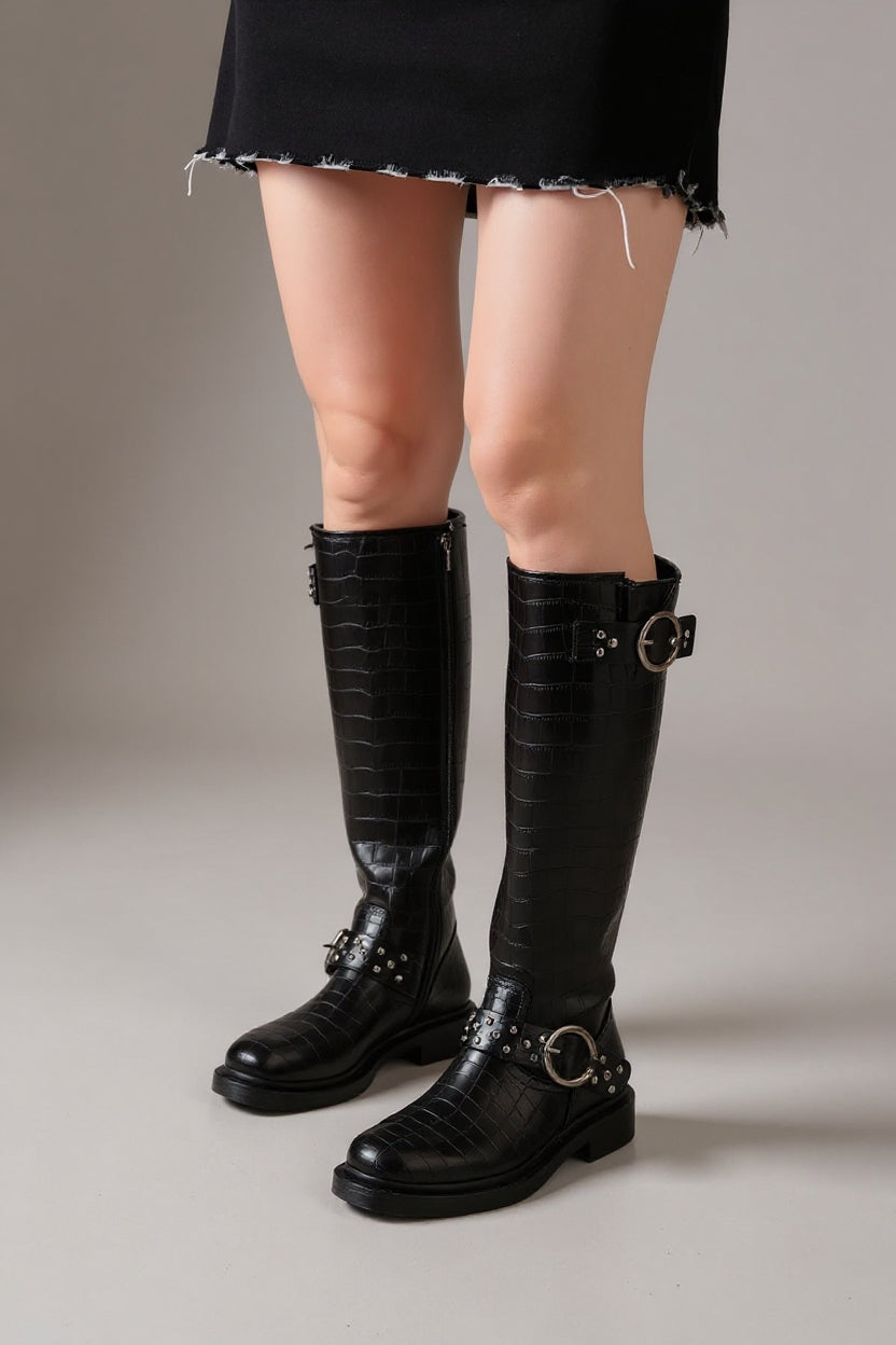 Relin Siyah Kroko Toka Aksesuarlı Lastikli Fermuarlı Kadın Çizme