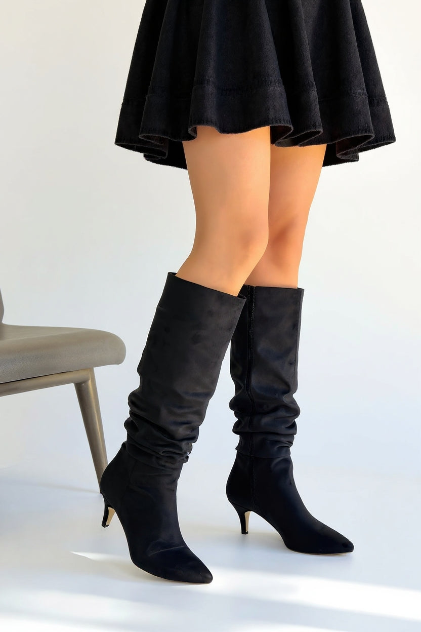 Zelya Siyah Süet Topuklu Kadın Çizme