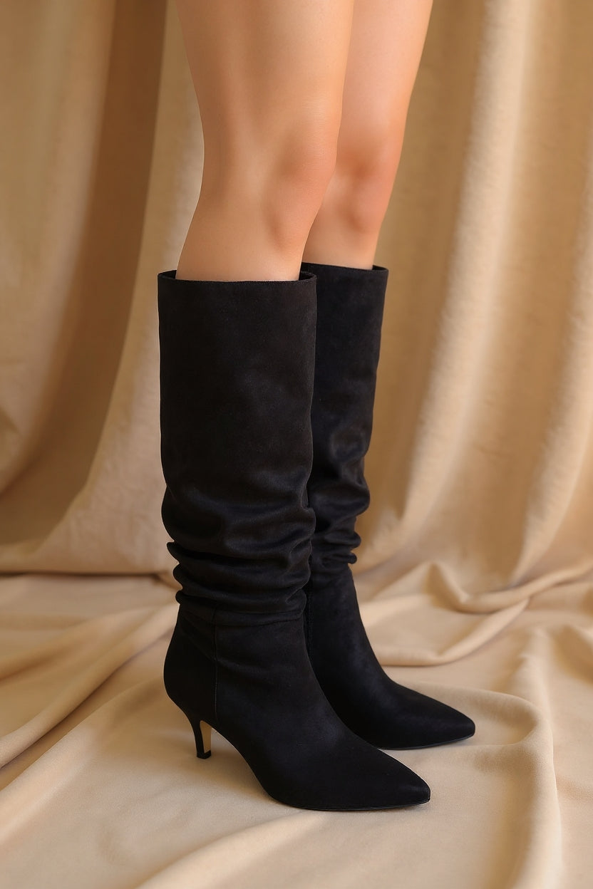 Zelya Siyah Süet Topuklu Kadın Çizme
