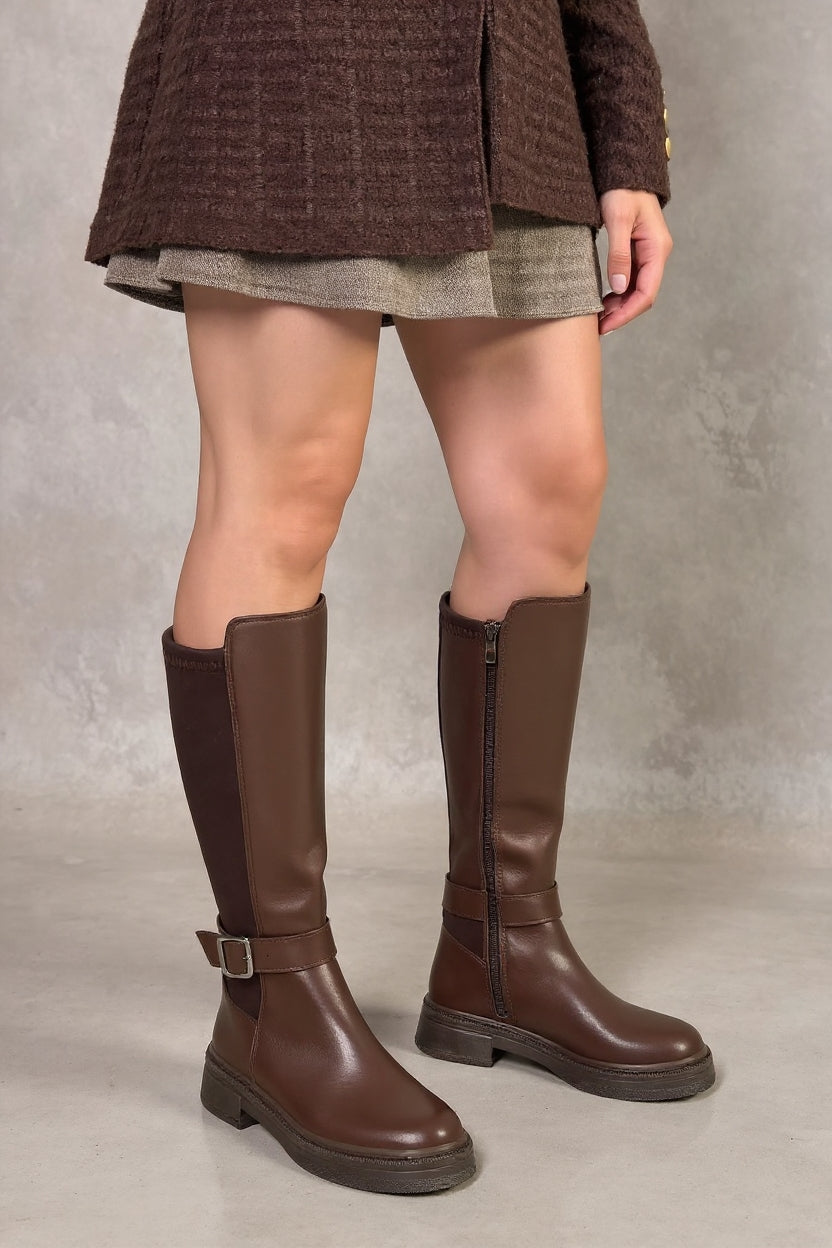 Zinda Kahverengi Tokalı Fermuarlı Kadın Çizme