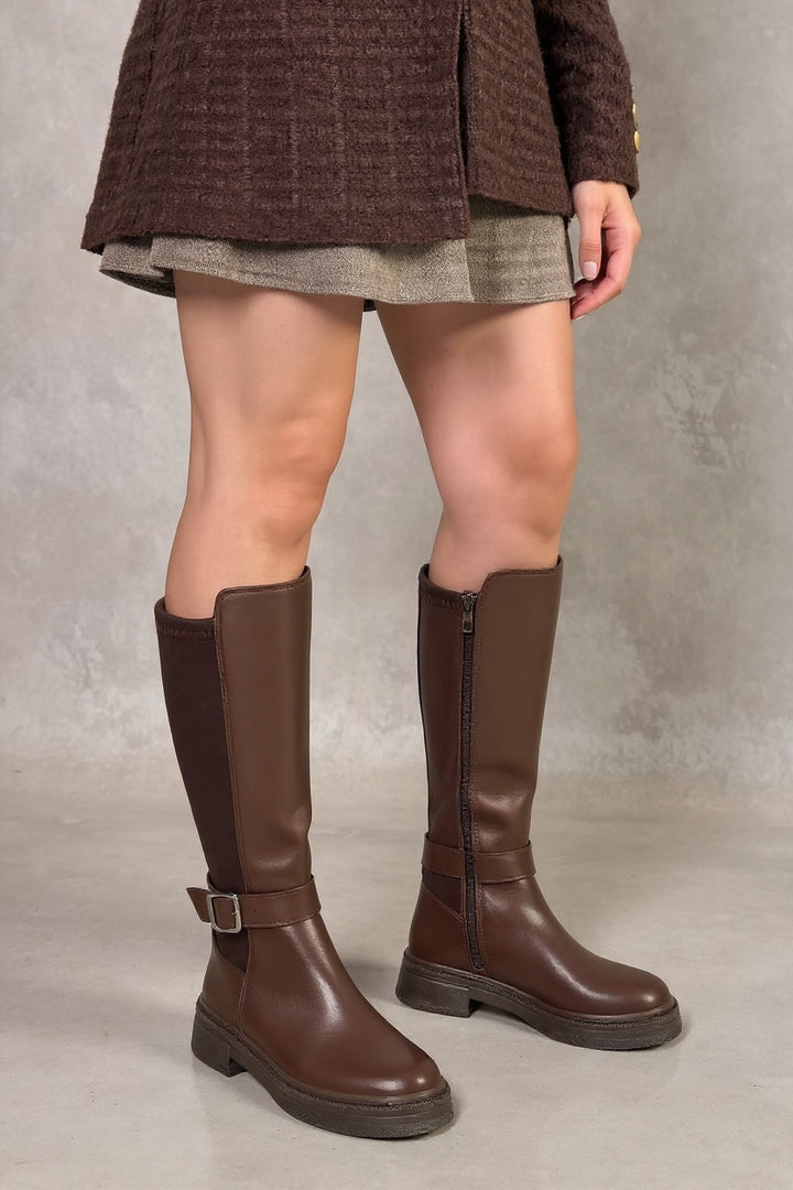 Zinda Kahverengi Tokalı Fermuarlı Kadın Çizme