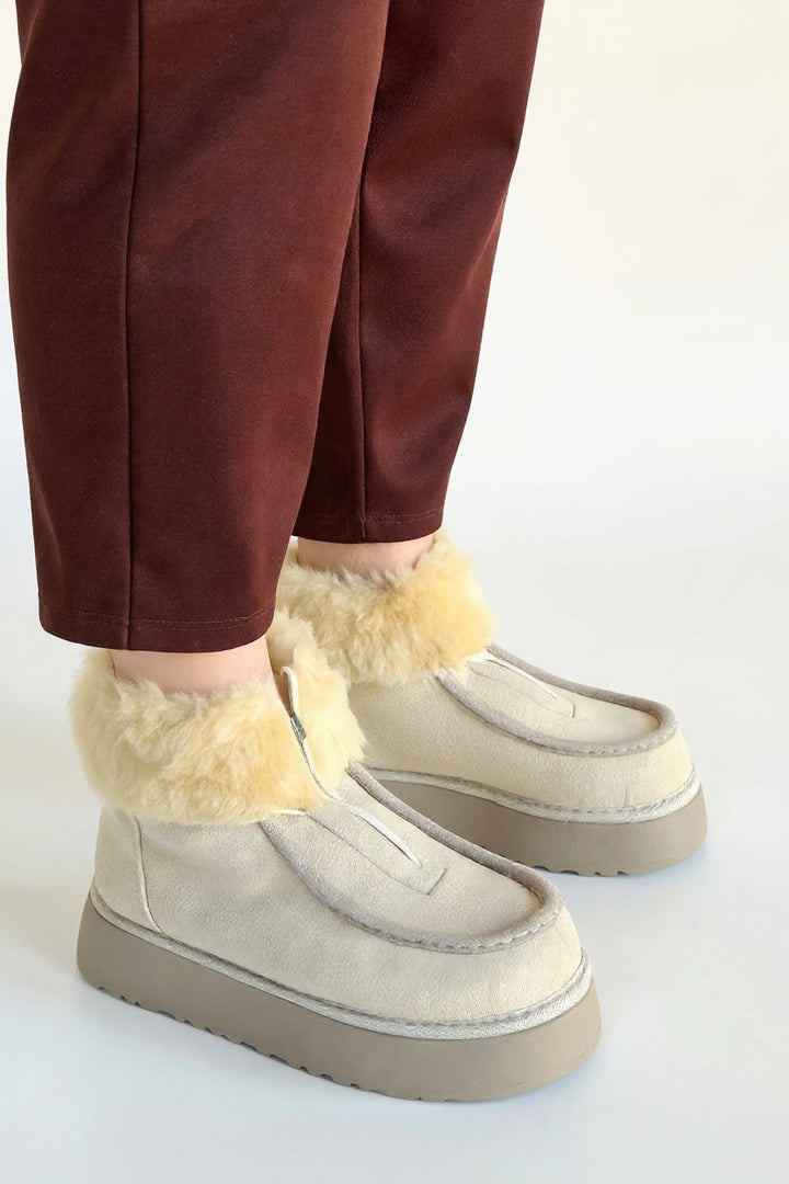 Zinya Kadın Bej İçi Kürklü Önden Fermuarlı Süet Bot