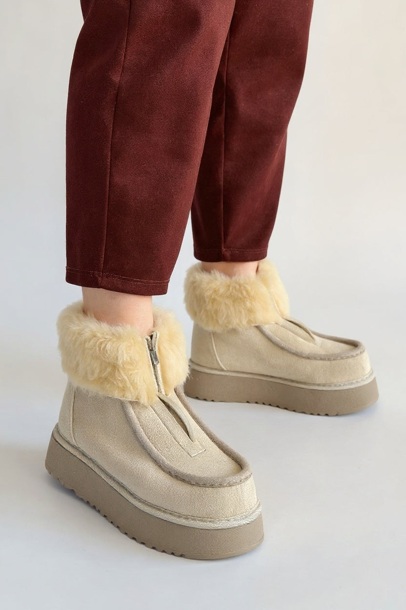 Zinya Kadın Bej İçi Kürklü Önden Fermuarlı Süet Bot