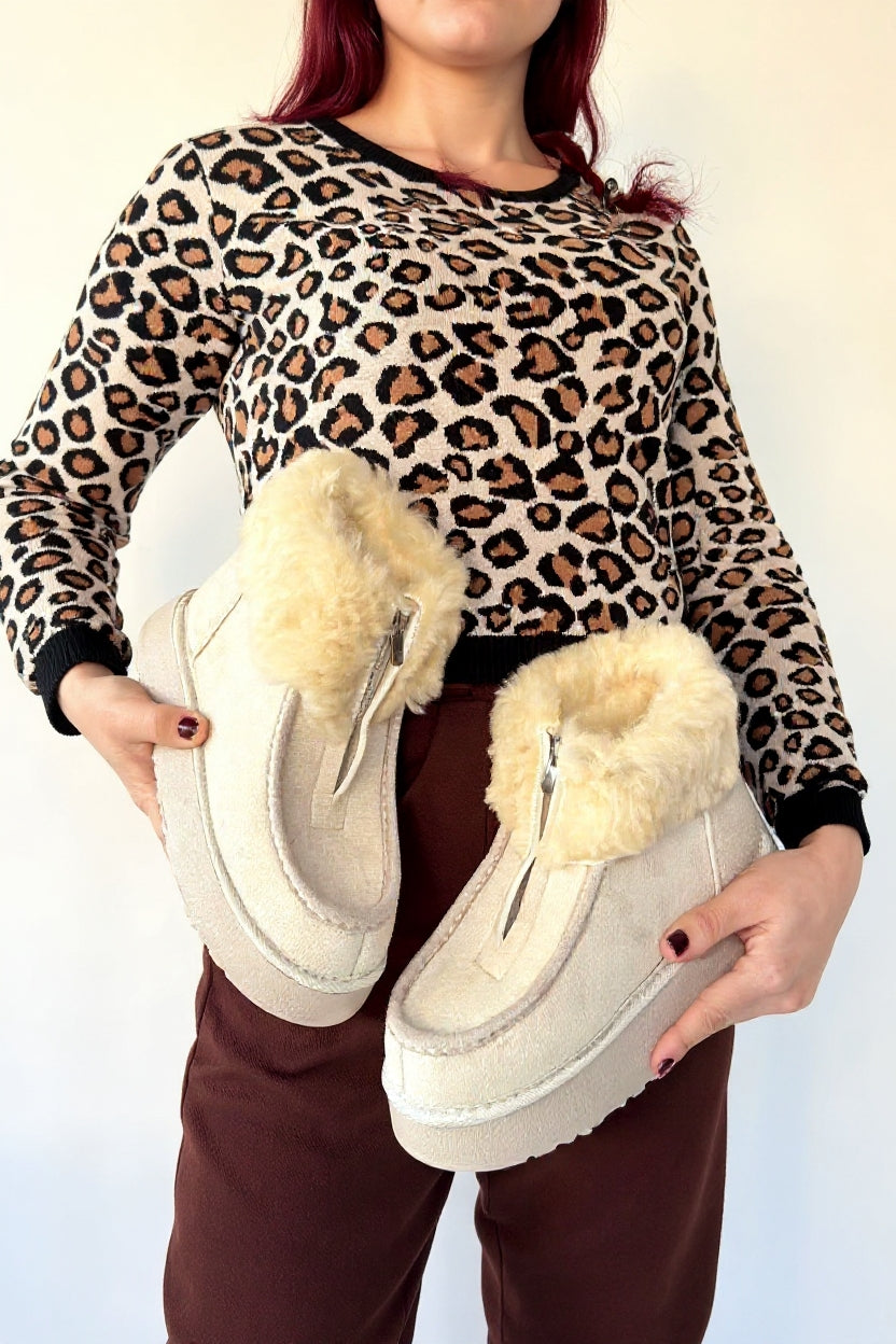 Zinya Kadın Bej İçi Kürklü Önden Fermuarlı Süet Bot