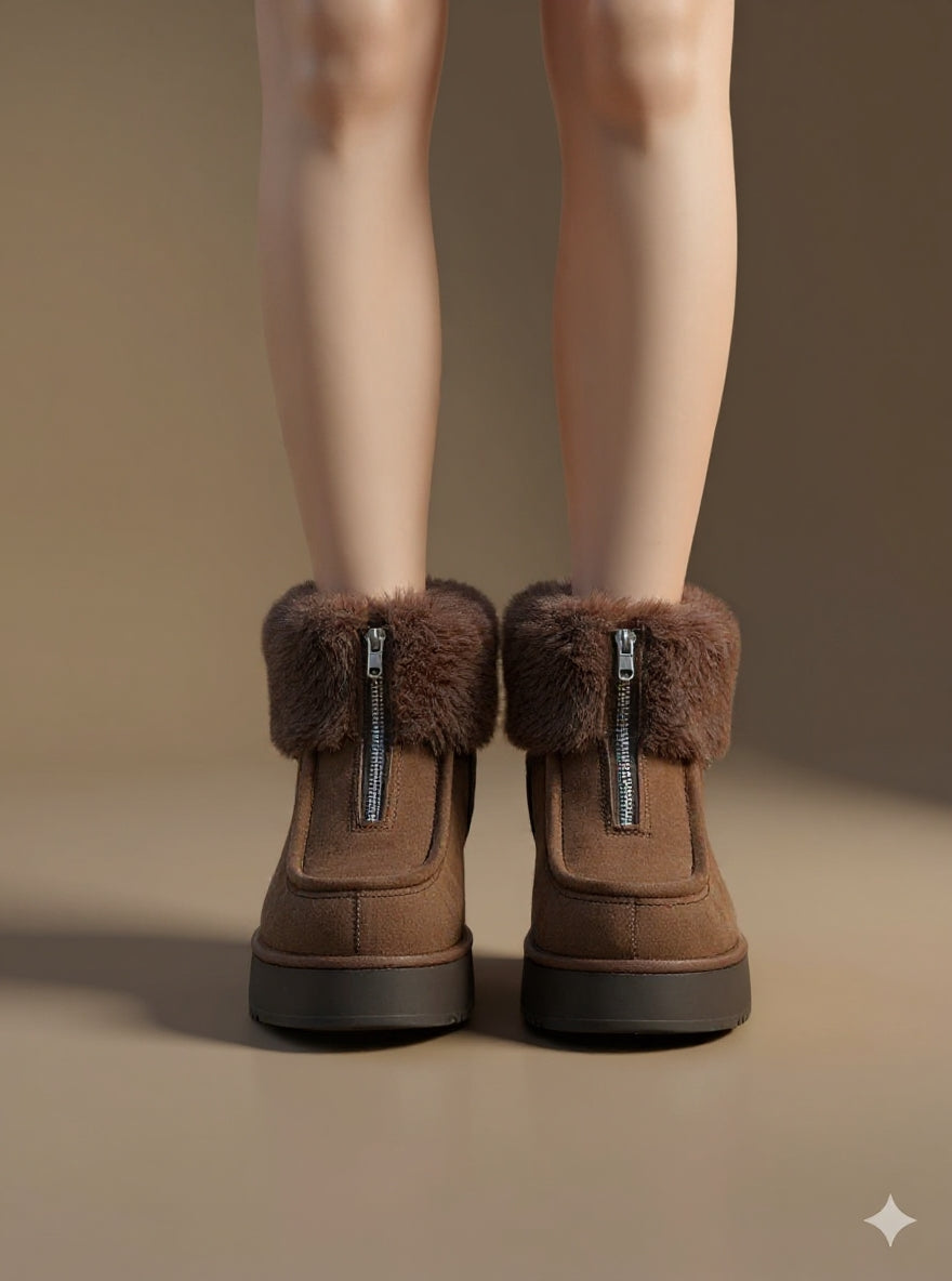 Zinya Kadın Kahverengi İçi Kürklü Önden Fermuarlı Süet Bot