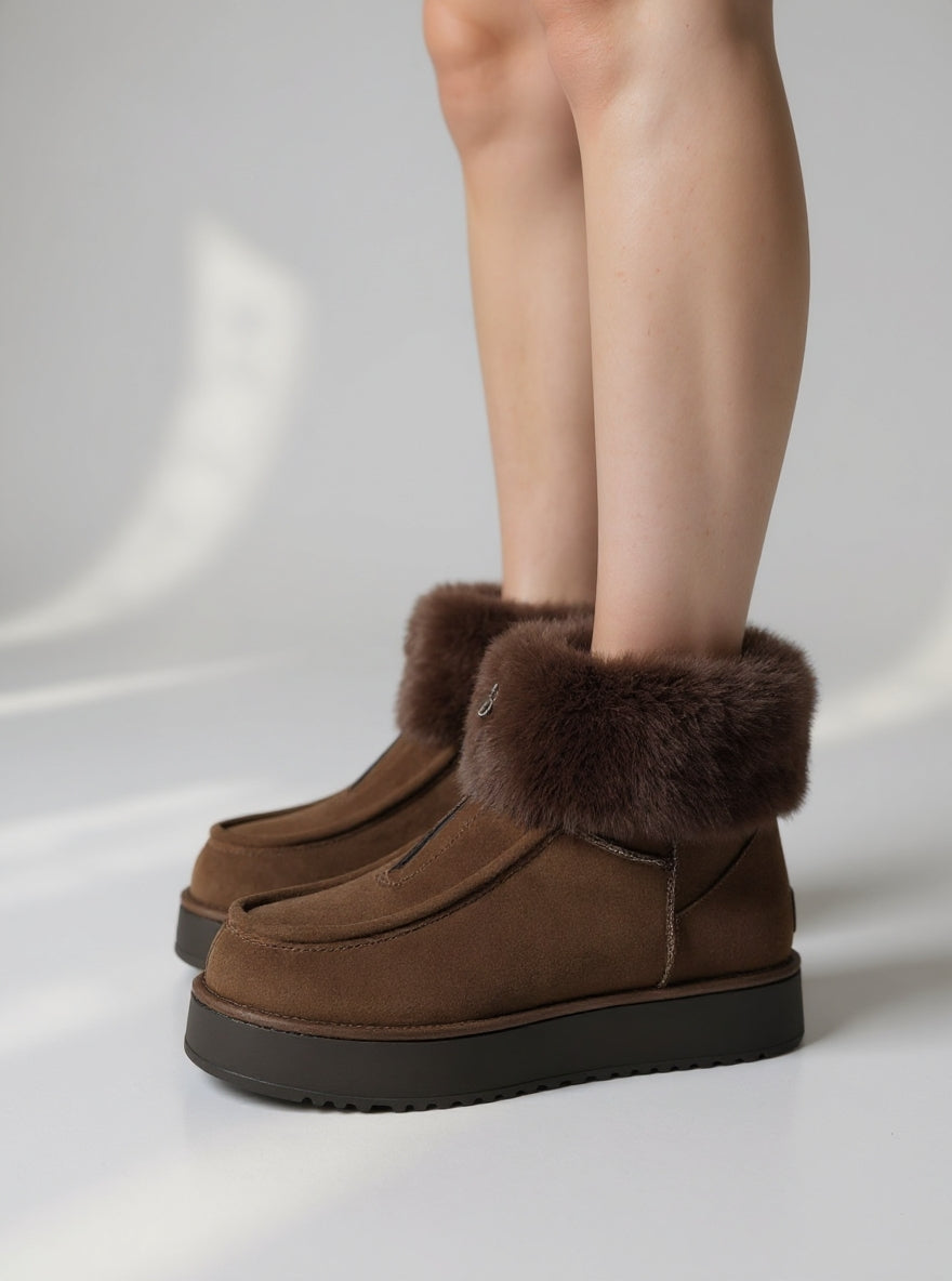 Zinya Kadın Kahverengi İçi Kürklü Önden Fermuarlı Süet Bot