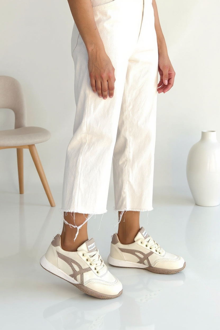 Zlay Kadın Bej Bağcıklı Vizon Desenli Spor Ayakkabı