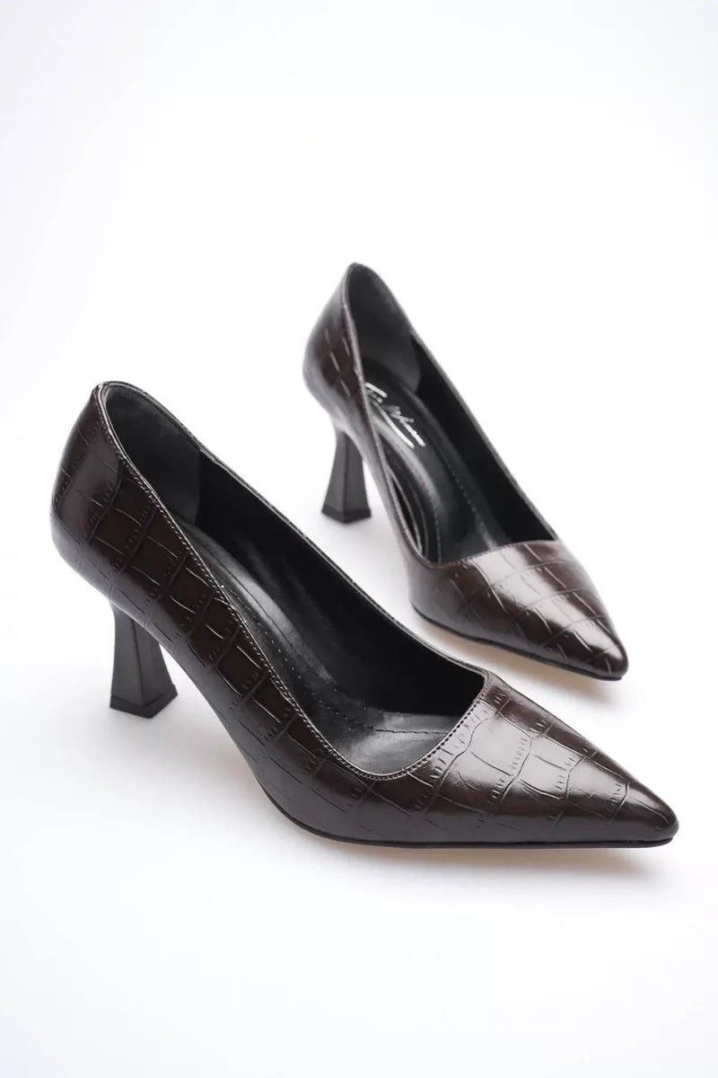 Lessa Acı Kahve Kroko Sivri Burun Orta Topuklu Kadın Stiletto TR20MS02G