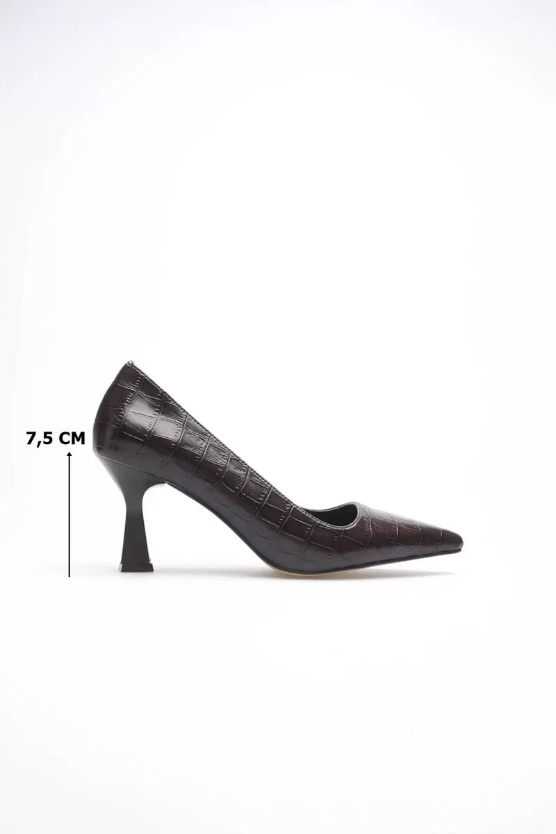 Lessa Acı Kahve Kroko Sivri Burun Orta Topuklu Kadın Stiletto TR20MS02G