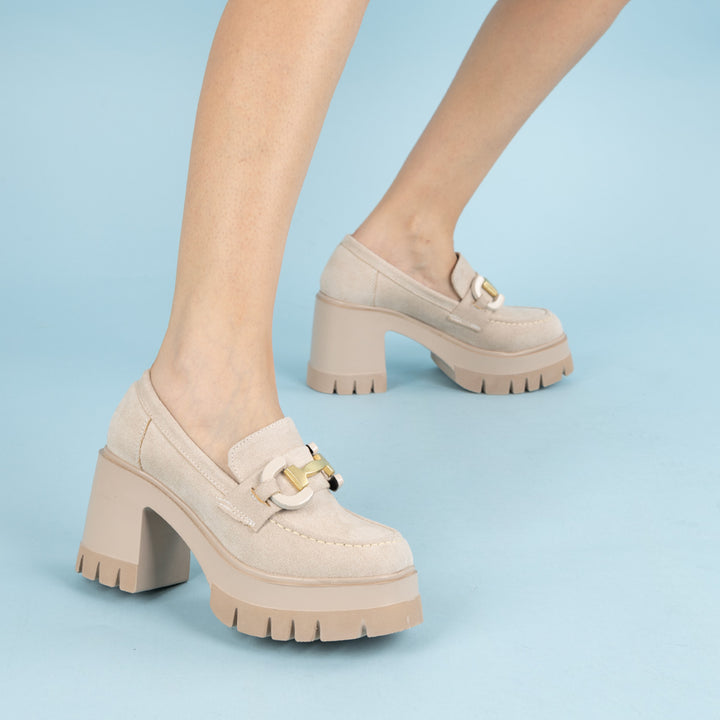 Alessia Kadın Süet Bej Tokalı Topuklu Loafer Ayakkabı