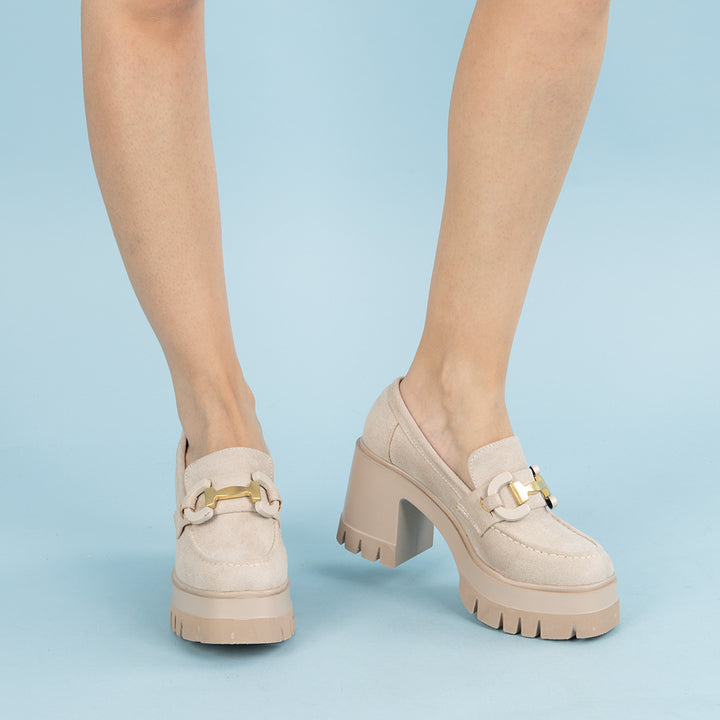 Alessia Kadın Süet Bej Tokalı Topuklu Loafer Ayakkabı