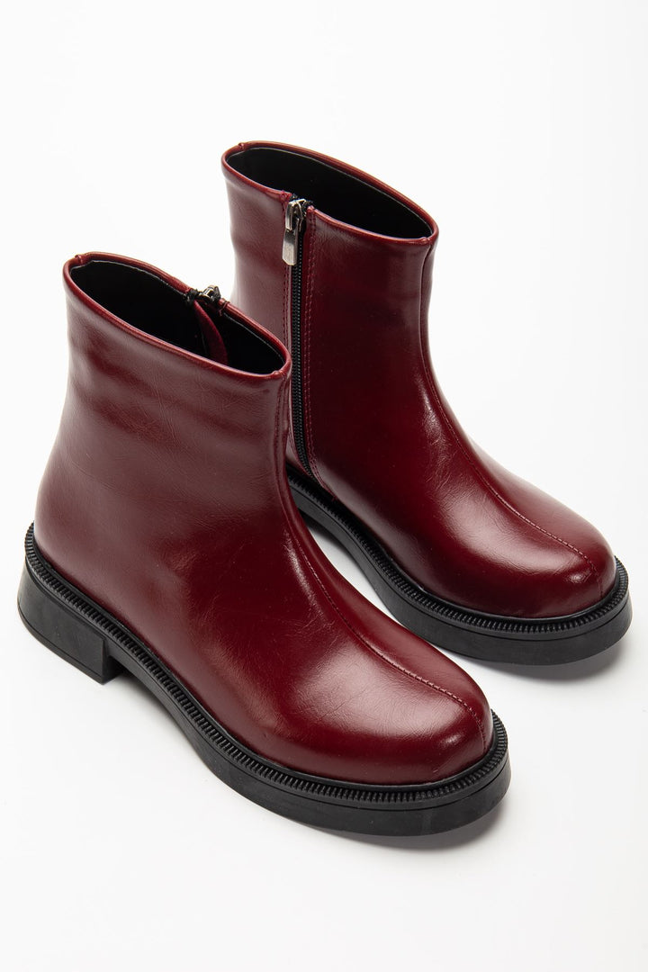 Asian Bordo Kırışık Rugan Fermuarlı Kadın Bot