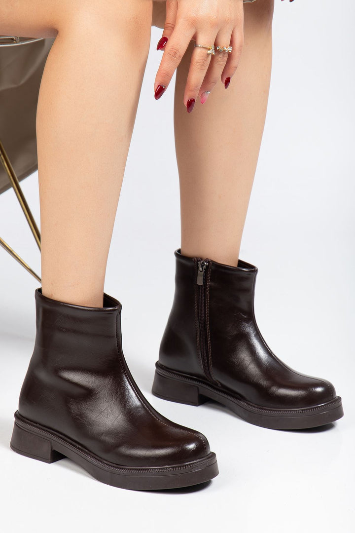 Asian Kahve Kırışık Rugan Fermuarlı Kadın Bot