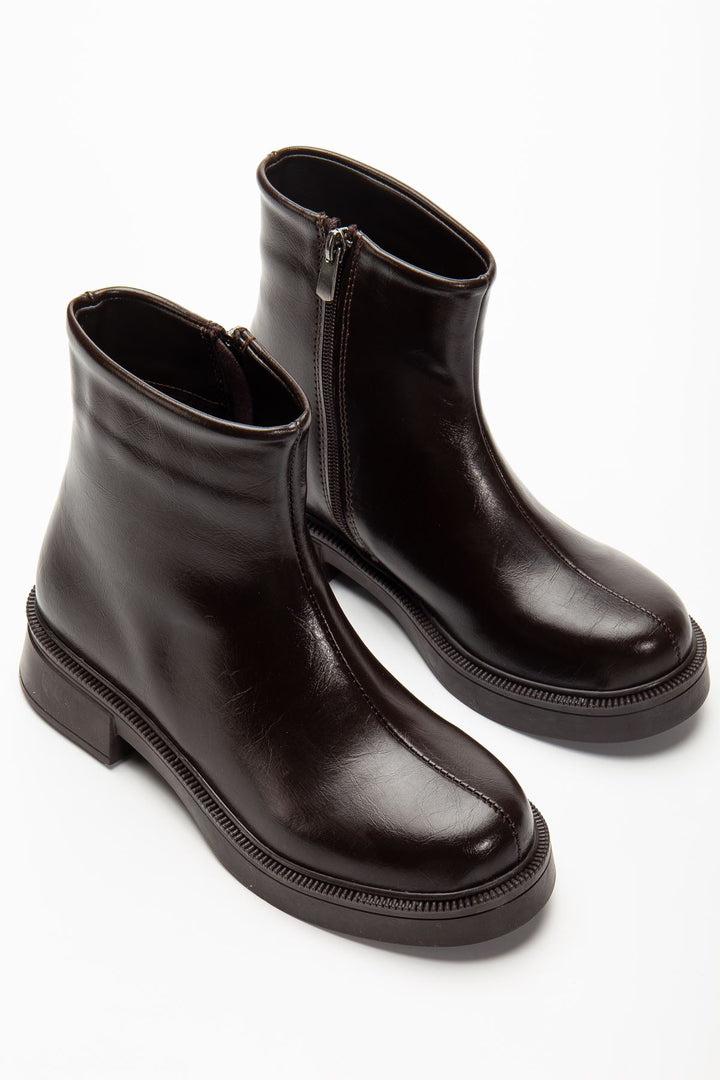 Asian Kahve Kırışık Rugan Fermuarlı Kadın Bot