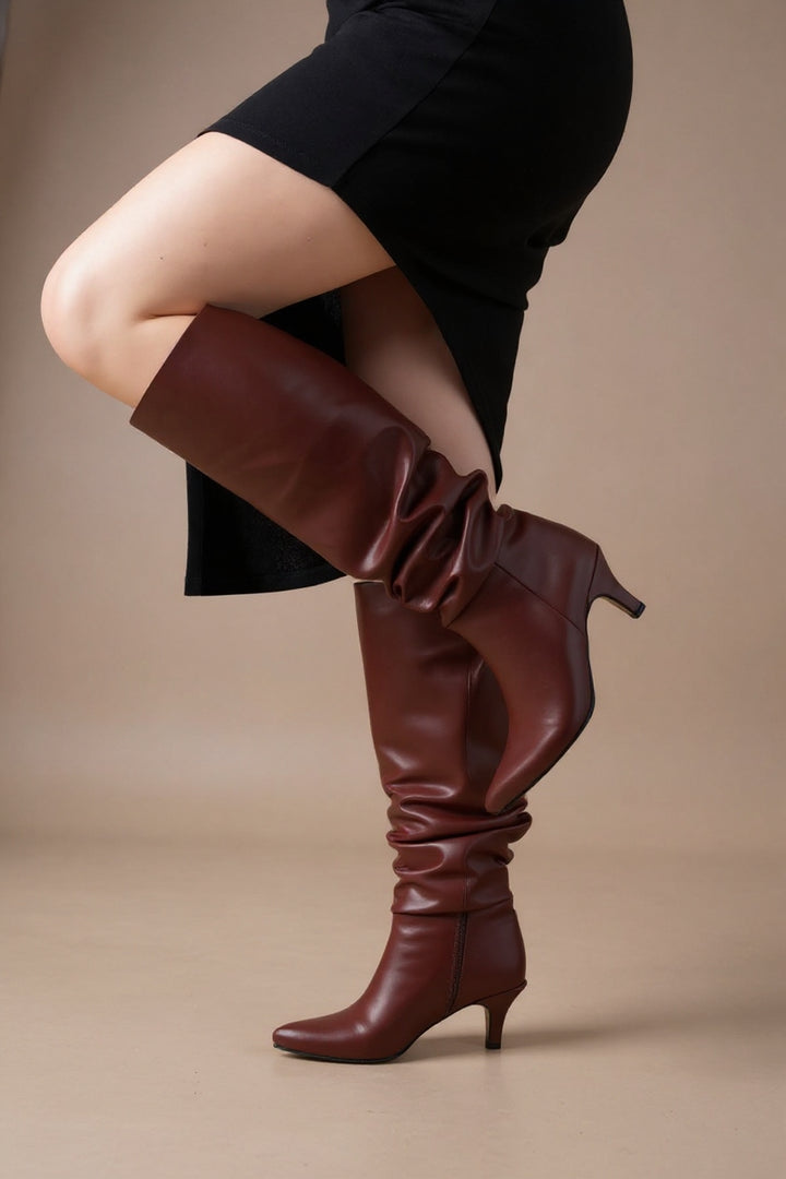 Aybin Bordo Körüklü İnce Topuklu Kadın Çizme