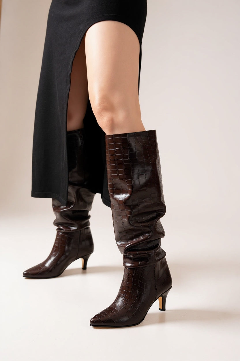Aybin Kahverengi Kroko Körüklü İnce Topuklu Kadın Çizme