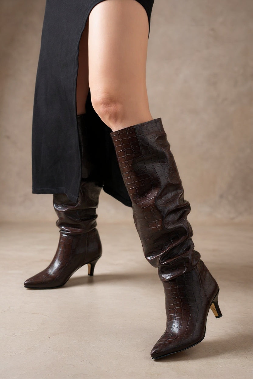 Aybin Kahverengi Kroko Körüklü İnce Topuklu Kadın Çizme