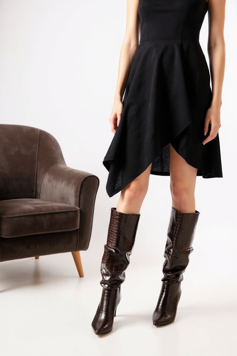 Aybin Kahverengi Kroko Körüklü İnce Topuklu Kadın Çizme