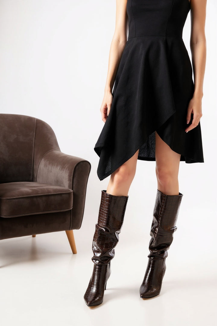 Aybin Kahverengi Kroko Körüklü İnce Topuklu Kadın Çizme