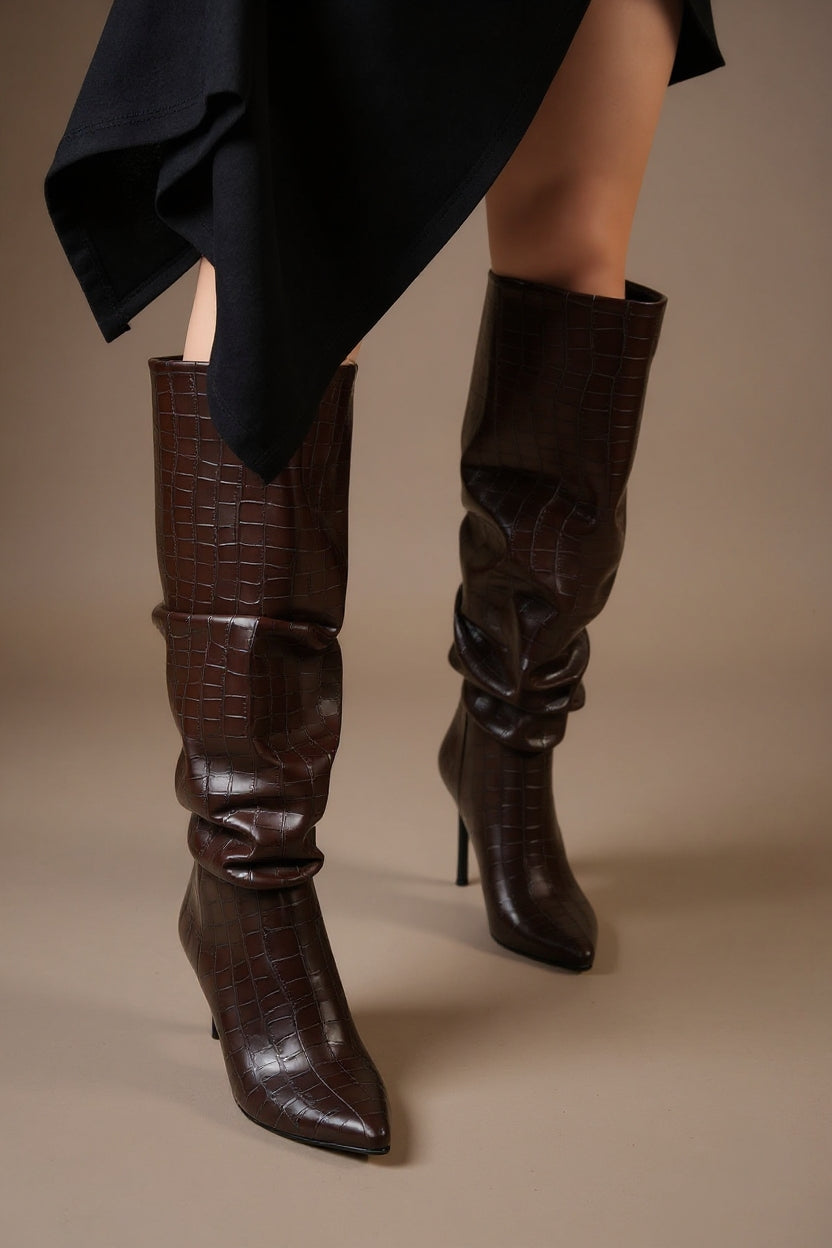 Aybin Kahverengi Kroko Körüklü İnce Topuklu Kadın Çizme