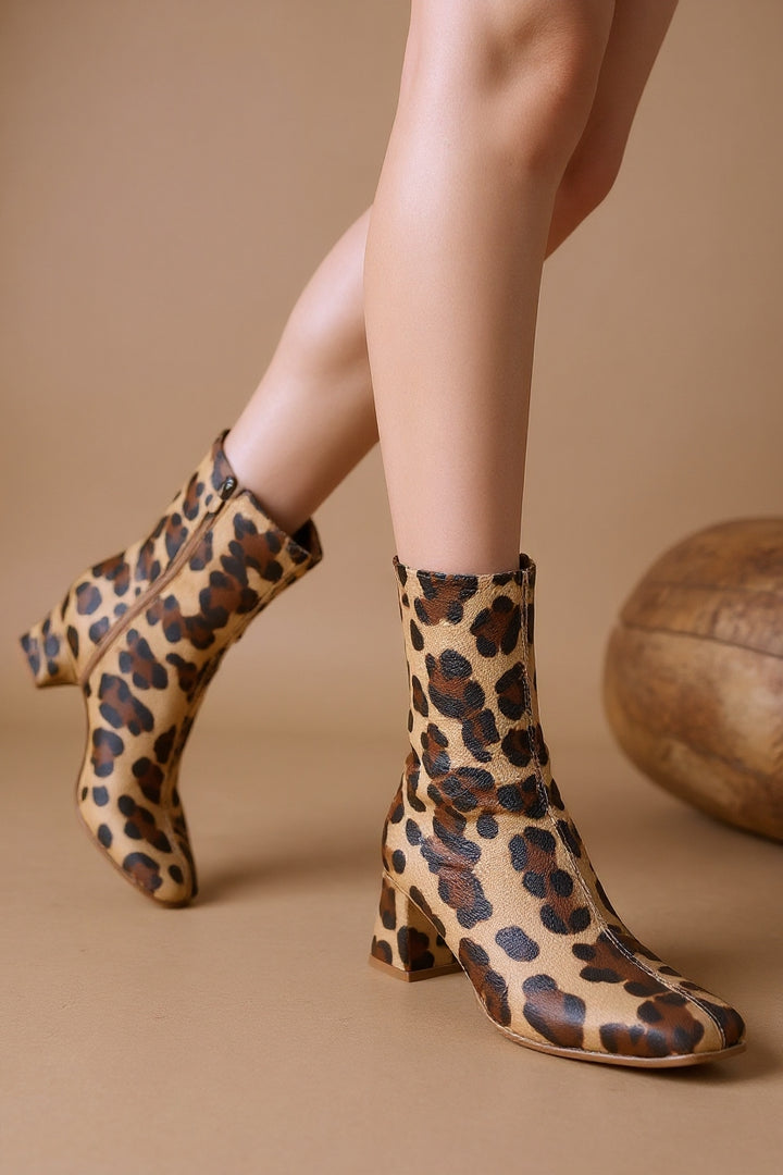 Birta Leopar Cilt Streç Topuklu Bot