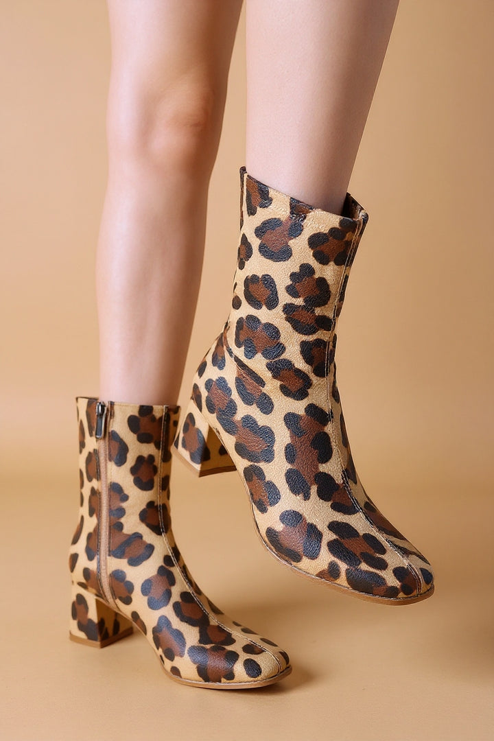 Birta Leopar Cilt Streç Topuklu Bot