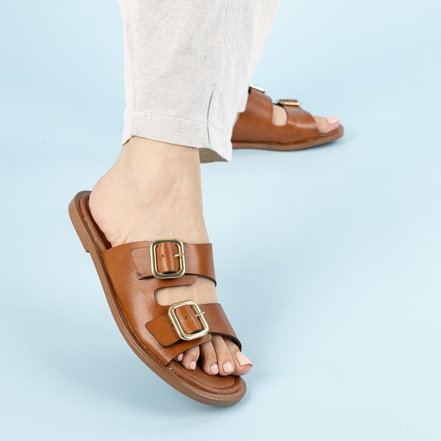 Borla Kadın Hakiki Deri Çift Bantlı Taba Terlik