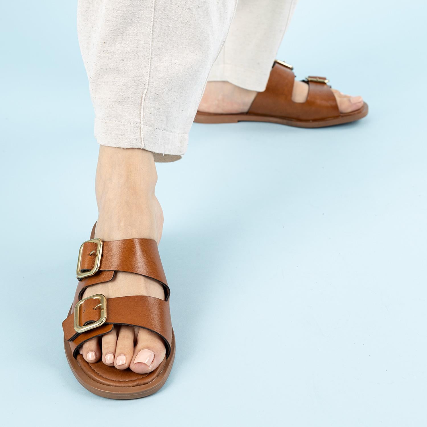 Borla Kadın Hakiki Deri Çift Bantlı Taba Terlik