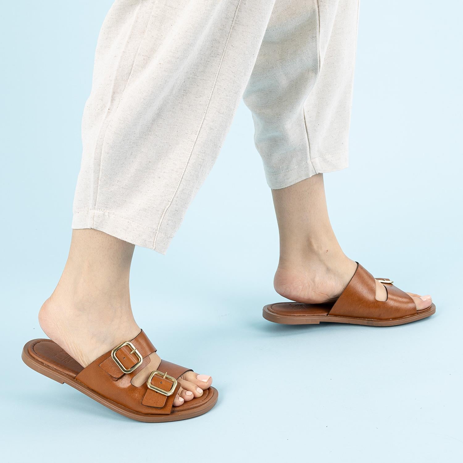 Borla Kadın Hakiki Deri Çift Bantlı Taba Terlik