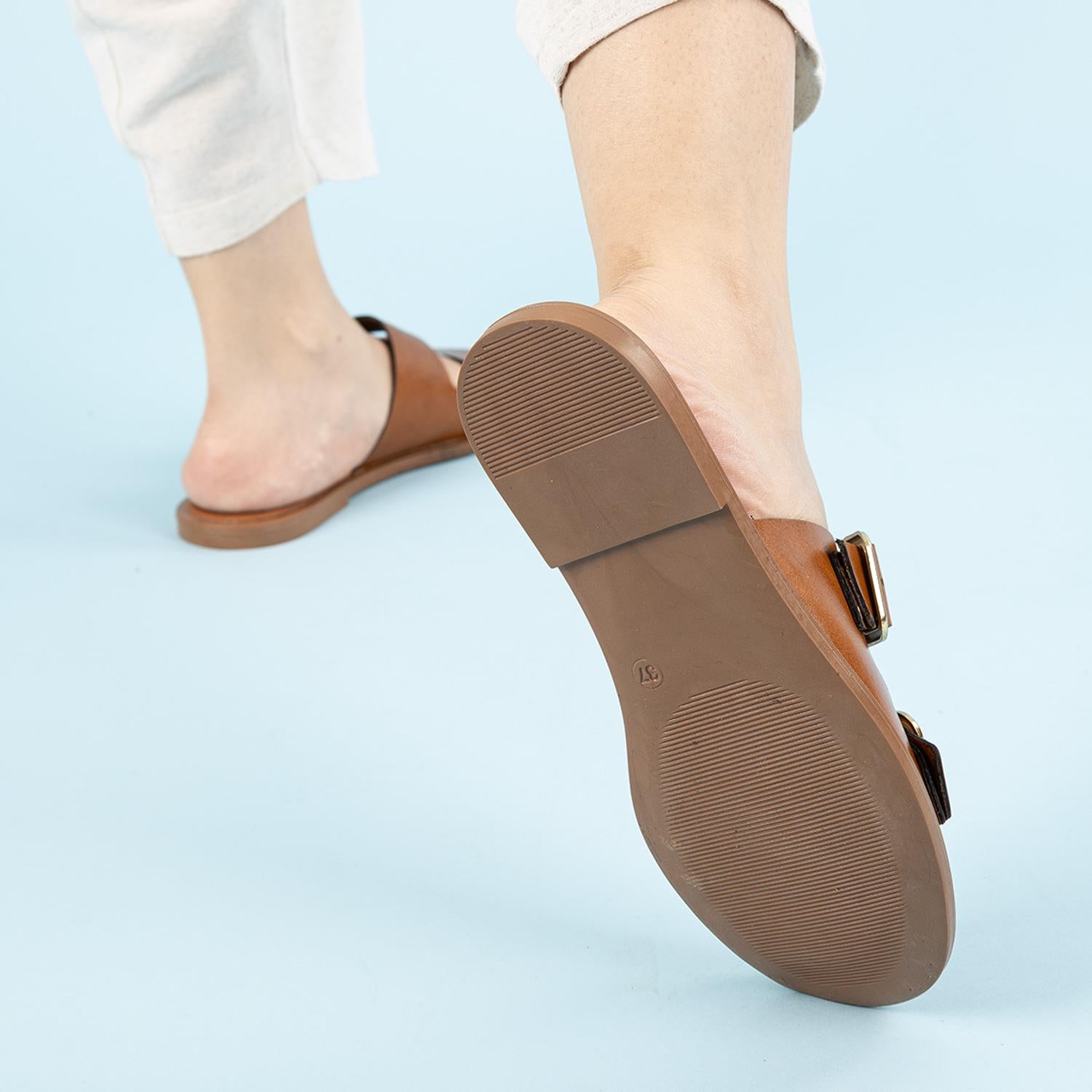 Borla Kadın Hakiki Deri Çift Bantlı Taba Terlik