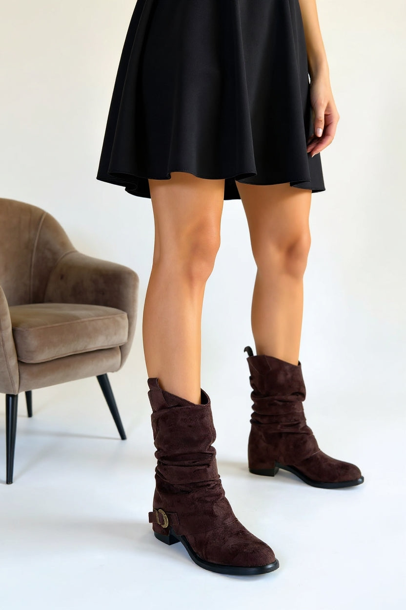 Canty Kadın Kahverengi Süet Körüklü Topuklu Çizme