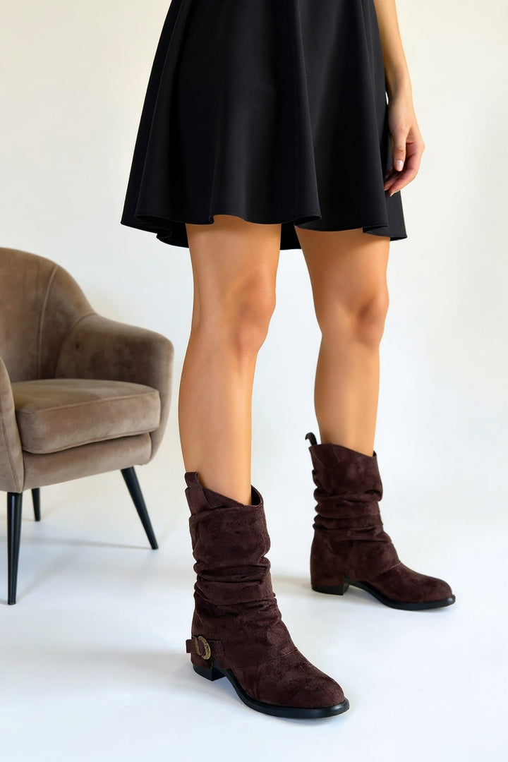 Canty Kadın Kahverengi Süet Körüklü Topuklu Çizme