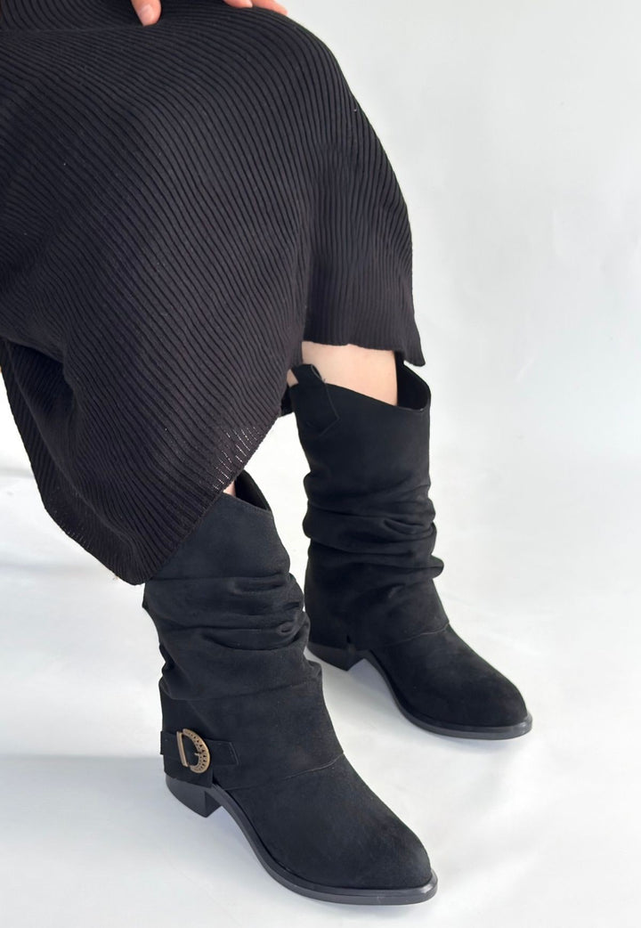 Canty Kadın Siyah Süet Körüklü Topuklu Çizme