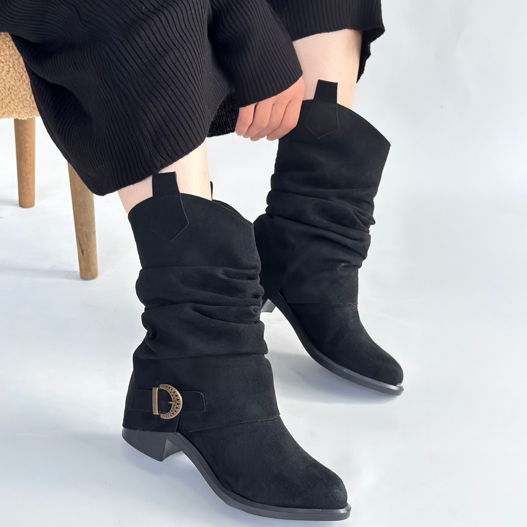 Canty Kadın Siyah Süet Körüklü Topuklu Çizme