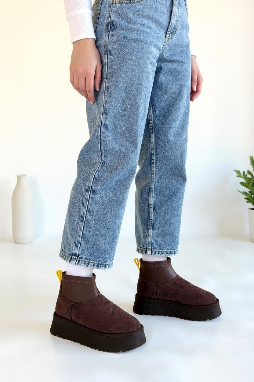 Cuen Kadın Kahverengi Streç Boğazlı Kürklü Süet Bot