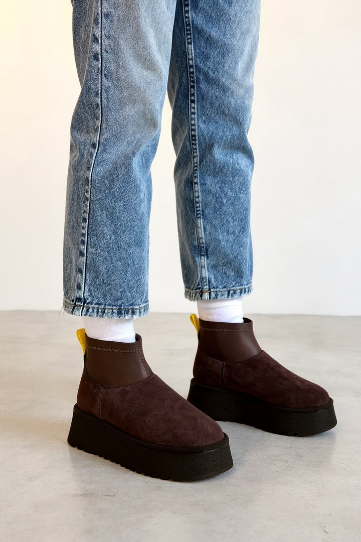 Cuen Kadın Kahverengi Streç Boğazlı Kürklü Süet Bot