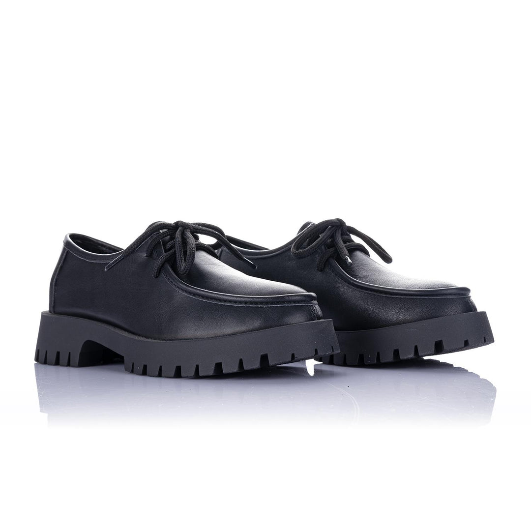 Dehran Kadın Kalın Taban Hakiki Deri Siyah Bağcıklı Günlük Ayakkabı