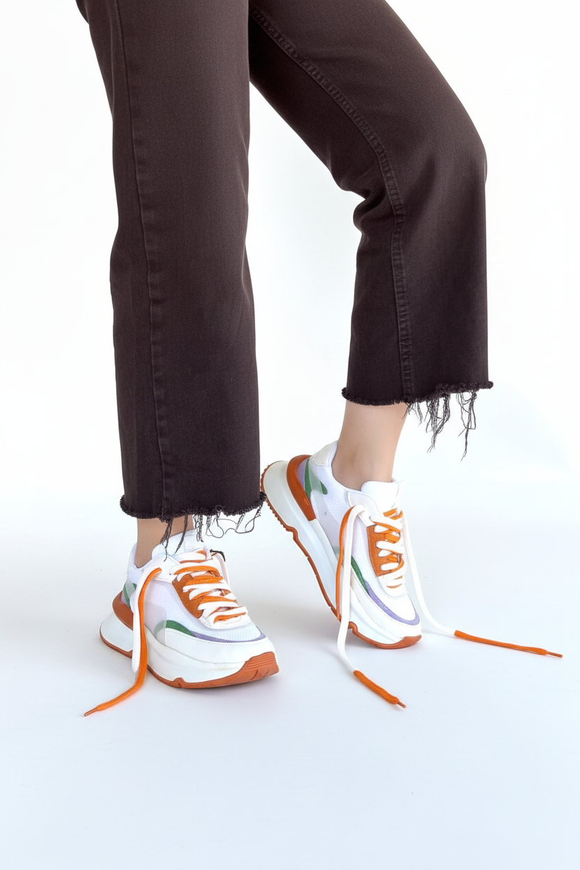 Aleh Kadın Beyaz Turuncu Detaylı Çift Bağcıklı Spor Ayakkabı