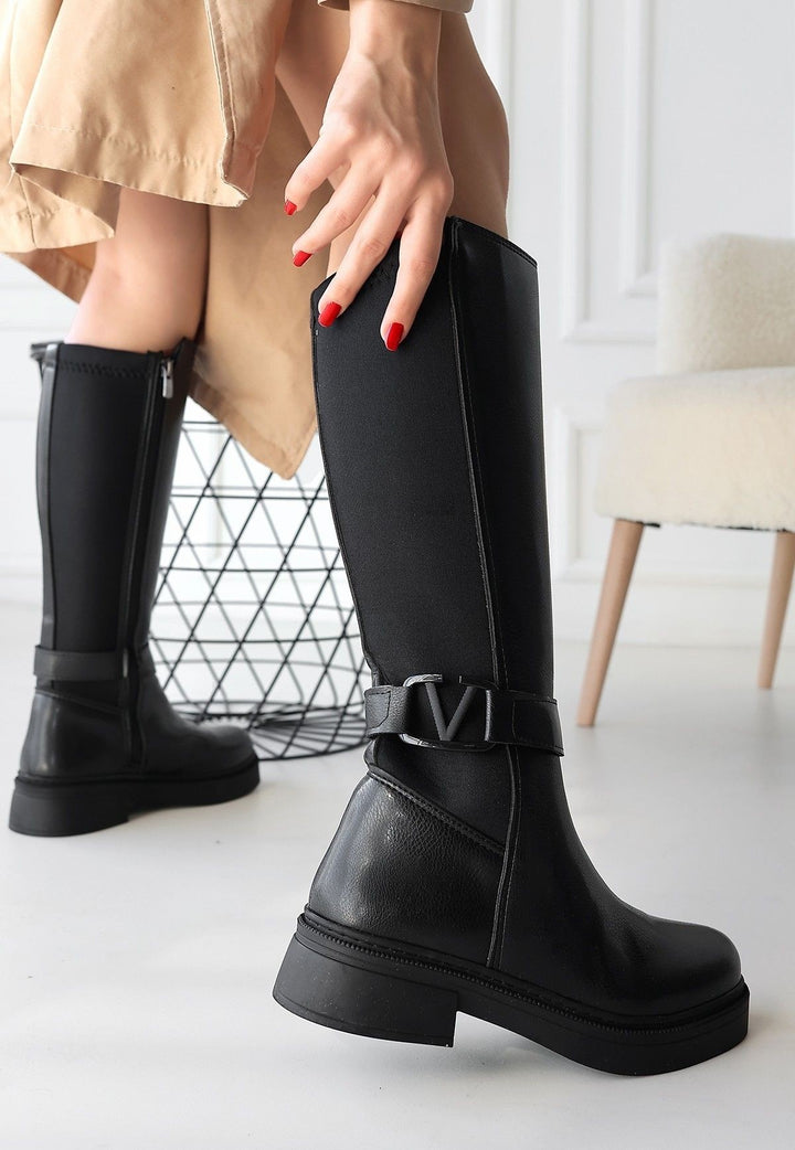 Diona Kadın Siyah Diz Altı Streç Detaylı Çizme